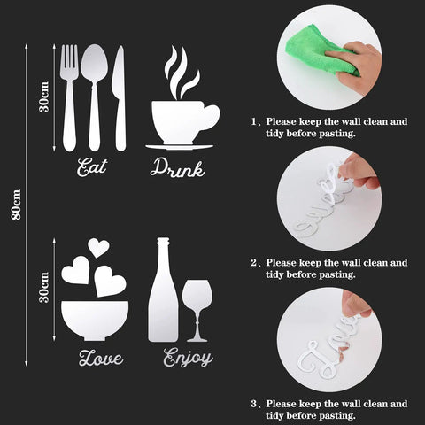 Diagram showing 17 Piece Kitchen Wall Decor Acrylic Mirror Wall Stickers Set with Eat Drink Love motifs and installation steps