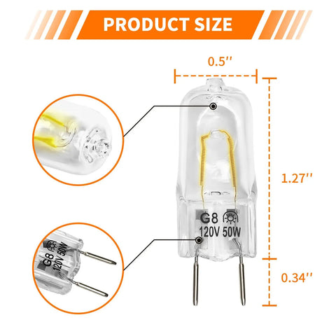 Halogen Microwave Oven Light Bulb 120V 50W For GE Over The Range Hood with G8 Bi Pin Base showing size dimensions
