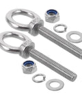 Built Tough Heavy Duty Stainless Steel Eye Bolts M10x60 with nuts and washers for rigging and anchoring, showing detailed components.