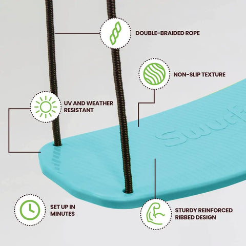 Close-up of blue Kick Stand Up Tree Swing For Backyard And Outdoor Swingsets Kid Friendly Platform Swing With Adjustable Handles