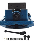Real Deal Heavy Duty Milling Vise With 4 Inch Swivel Base And Wide Jaws Built Tough From Grade Gray Cast Iron. Front view, includes handle and accessories.