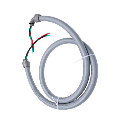 Heavy Duty Liquid Tight Flexible Conduit AC Whip Kit 3/4 Inch X 6 Foot with pre-terminated wires for outdoor job sites.