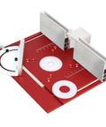 Premium Shop Ready Anodized Aluminum Router Table Insert Plate With Sliding Fence And Miter Gauge Guide For Smooth Flip Plate Operation That Delivers Clean Cuts With Zero Fuss, red 240x200mm size.