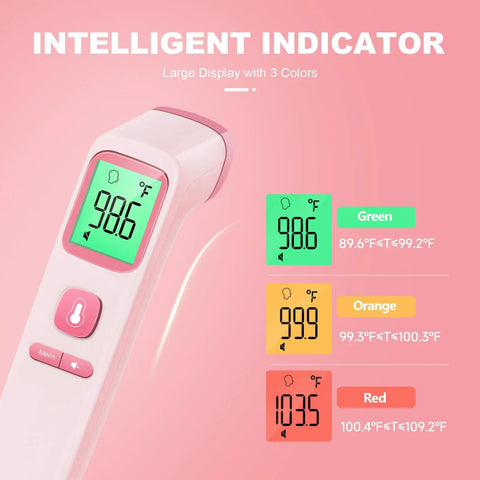 No-Touch Forehead Thermometer For Quick Temps In Adults Kids And Babies, 1 Sec Fast Accurate Reading With Noncontact Infrared Tech, Backlit Display, Fever Alert, Pink Design That's Kid-Friendly And Easy To Use. Large pink infrared thermometer with color fever indicator display