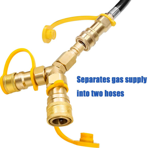 Three Eighths Inch Natural Gas Y Splitter With Dual Outlets Low Pressure Quick Connect Disconnect Separator Adapter shown