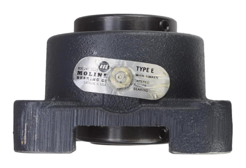 Front view of Moline Type E four-bolt flange bearing, 1-7/16 in bore, dark metal housing