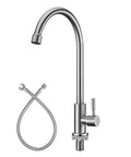 A Total Game Changer For Your Modern Kitchen Or Home Bar With This Dependable Cold Water Only Faucet Finished In Smooth Brushed Nickel And Built Darn Tough From Pure Food Grade 304 Stainless Steel, featuring a tall 360 swivel spout and connecting hoses.