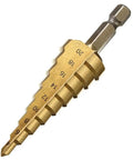 Three Piece Step Drill Bit Set That Rocks 4 12 20 32mm High Speed Steel Titanium Coated Hole Cutter for aluminum and wood.