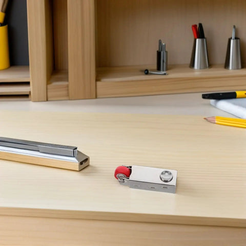 Heavy Duty Sliding Door Wheel With Anti Droop Roller And Mounting Hardware For Smooth Track Mobility on wooden desk.
