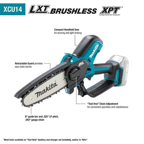18V LXT Brushless Cordless 6 Inch Pruning Saw For Yard Work with tool-free chain adjustment and retractable guard