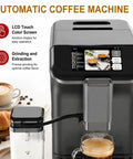 Top Shelf Fully Automatic Espresso Machine With Double Boiler And Built In Grinder For Smooth Daily Grind With 20 Bar Pressure And Crisp Gold Gray Touchscreen with LCD screen and coffee cup.