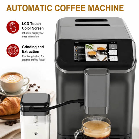 Fully Automatic Espresso Machine With Built In Grinder And Bright Lcd Touchscreen Delivers Smooth Sips That Hit Different Daily With A Double Boiler And Auto Milk Frother For Zero Sweat Brewing. Features LCD touch screen and milk container.