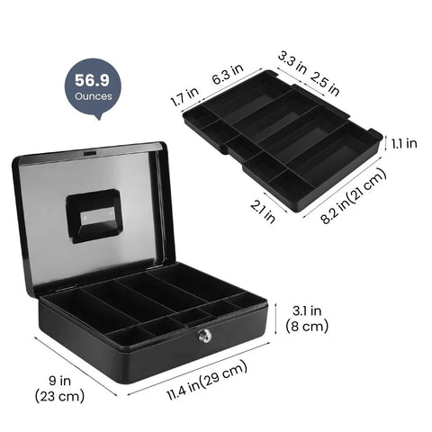 Metal Cash Box With Lock And Nine Compartment Tray For Small Biz Portable Money Box dimensions and weight shown