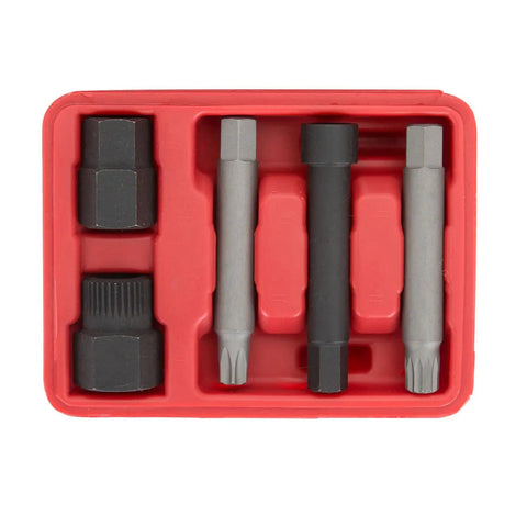 Five Piece Alternator Decoupler Pulley Tool Kit With Pulley Sockets And Shaft Bits For Removing And Installing Decoupler Pulleys
