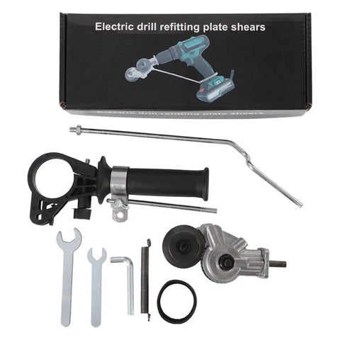 Heavy Duty Electric Drill Shear Conversion Kit That Clamps Straight In To Rip Steel Aluminum Copper And Drywall Like Butter Fast Twist Lock Chuck Mount components laid out with attachment tools and materials.