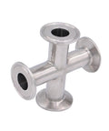 Front view of stainless steel 4-way cross tri-clamp with four flanged ends for 1.5 inch fittings (25 mm OD pipe)