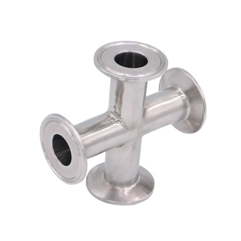 Front view of stainless steel 4-way cross tri-clamp with four flanged ends for 1.5 inch fittings (25 mm OD pipe)