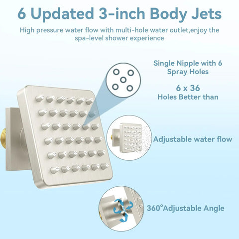 Square Brass Shower Body Spray Jets 2.63 Inch design with multiple nozzles, showing adjustable water flow and angle features.
