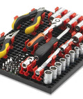 68 Piece Large Pegboard Tool Organizer Set for Tool Chest, Cart, Cabinet, and Workbench Storage Black Includes Sockets, Wrenches, Screwdrivers, and Pliers Clips and Holders for Easy Garage Organization. Detailed view with tools on black pegboard.