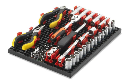 68 Piece Large Pegboard Tool Organizer Set for Tool Chest, Cart, Cabinet, and Workbench Storage Black Includes Sockets, Wrenches, Screwdrivers, and Pliers Clips and Holders for Easy Garage Organization. Detailed view with tools on black pegboard.