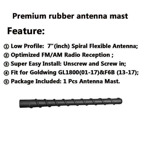 Honda Goldwing 7 Inch Spiral Flexible Motorcycle Antenna with text highlighting features of premium rubber construction and compatibility.