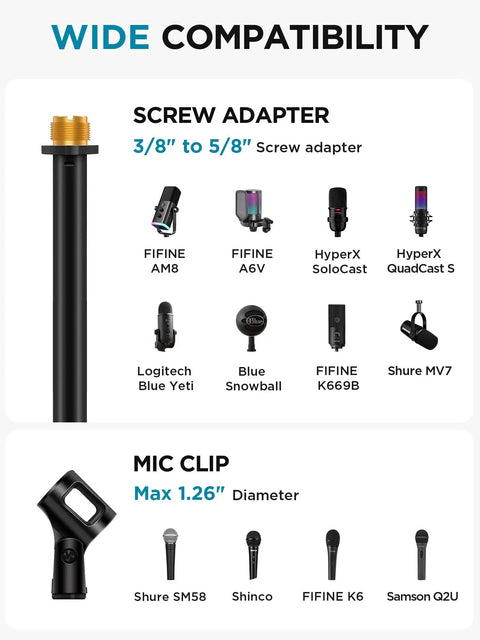 Heavy Duty Floor Microphone Stand With Detachable Boom Arm Weighted Round Base Adjustable Height From 34 To 60 Inches Stable Studio Mic Holder For Blue Yeti HyperX QuadCast Shure SM58 Samson Q2U Fifine K669B wide compatibility features with different microphones.