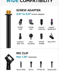 Wide compatibility showing screw adapter and mic clip for adjustable desk microphone stand with weighted base
