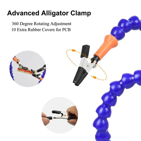 No Sweat Hella Solid Third Hand Soldering Helper With Four Bendable Upright Arms and Tough Silicone Alligator Clips detailed view showing advanced clamp design.