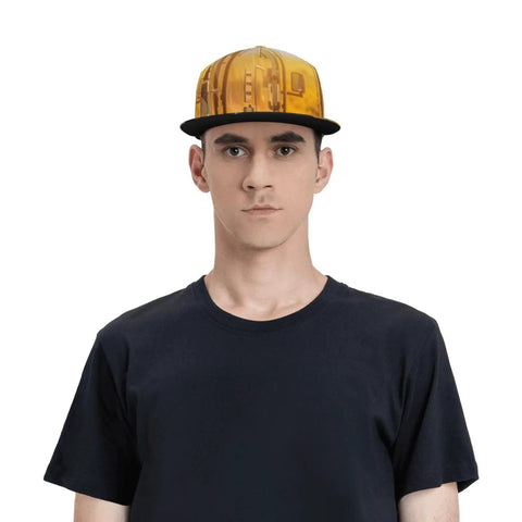 Man wearing Road Trip Ready Flat Brim Snapback Cap For Men And Women Breathable Polyester Hat With Sweat Wicking Comfort All Over Printing