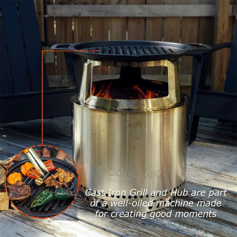 Bonfire Cast Iron Grill Cooking Bundle 2.0 with smokeless fire pit and grill top, burgers and veggies displayed.