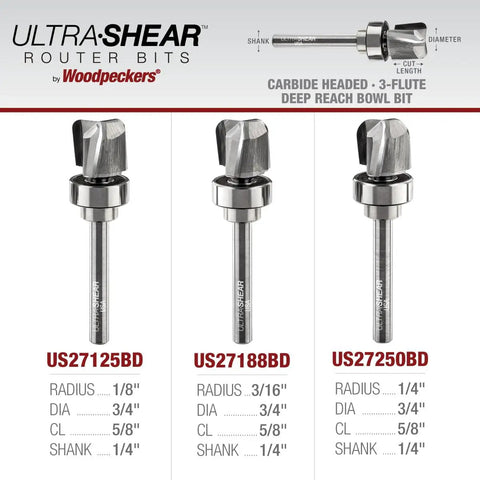Heavy Duty 3 Piece Bowl And Tray Router Bit Set Featuring Solid Carbide Heads And One Quarter Inch Shafts delivering detailed specifications.