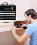 Heavy Duty Metal Tool Box With Four Drawers Portable Steel Chest With Lock And Latch Closure Black And Red Powder Coat Ideal For Garage Shop Warehouse And Outdoor Jobs