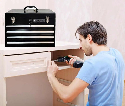 Heavy Duty Metal Tool Box With Four Drawers Portable Steel Chest With Lock And Latch Closure Black And Red Powder Coat Ideal For Garage Shop Warehouse And Outdoor Jobs