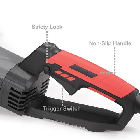 Close-up of red and black ergonomic handle with safety lock on 9-Inch Electric Concrete Saw With a Beefy 1800W Motor, Circular Cut Off Tool
