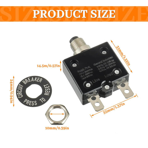 20 Amp Push Button Circuit Breaker 125 To 250V AC And 50V DC, thermal overload protector, black, with mounting nut