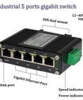 Rugged Industrial 5 Port Gigabit Ethernet Switch for DIN Rail or Wall Mounting, front view with labeled ports and connections.