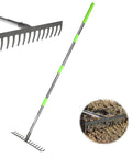 Adjustable Bow Rake With 14 Tines, 13.7 Inch Wide Metal Head, Telescoping 30.5 To 57 Inch Reach, shown on dry soil