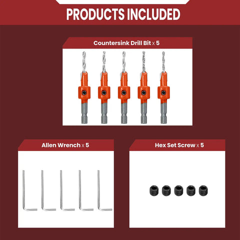 Must Have Pro Grade Countersink Drill Bit Set With Quarter Inch Hex Shank For Woodworking Includes 8mm Cutter Diameter Pilot Hole And Chamfer Bits Hex Keys And Replaceable HSS Twist Bits In 2.5 2.8 3.0 3.2 3.5mm showing included parts: 5 drill bits, 5 hex keys, and 5 set screws.