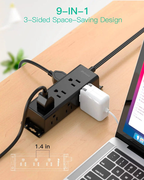 Nine Outlet Surge Protector Power Strip With Three Side Design For Widely Spaced Plugs Wall Mount Flat Plug 10 Foot Cord 900 Joules Overload Protection Extension Cord Must Have For Home Office Or Dorm Room Black on desk with laptop