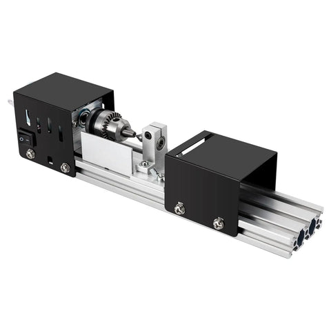 No Fuss Mini Bench Lathe And Bead Polisher Machine 96W 12V 24V DC solid aluminum body tabletop view with black steel grip.