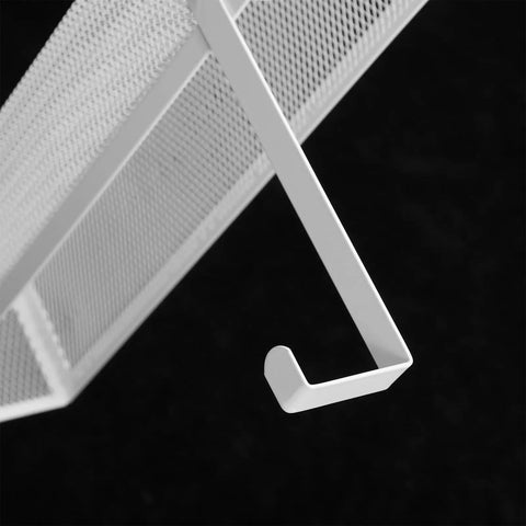Close-up of the white metal hook from the Super Heavy Duty Over The Door Storage Rack With Two Roomy Mesh Baskets And Eight Sturdy Metal Hooks.