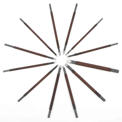 12 Piece Wood Carving Tools Set Featuring Premium Manganese Steel Blades And Solid Grips for whittling and engraving.