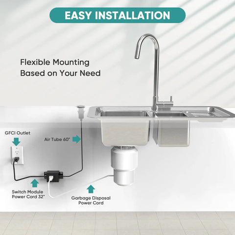 Sink Top Air Push Button Switch Kit For Garbage Disposals Up To 2HP No Sweat Easy Install Wet Hands Safe Pneumatic Button UL Certified
