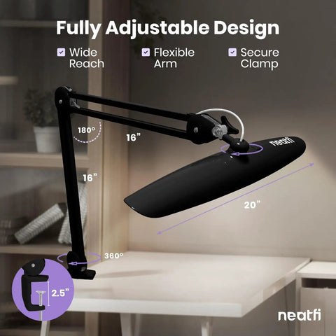 Mega Bright 2200 Lumens LED Desk Lamp With 24W Power Shadow Free Task Lighting 4 Level Dimming 20 Inch head and clamp mount