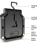 Back view of Portable LED Work Light With 360 Degree Rotating Head And Three Brightness Levels 2000 Lumens 1000 Lumens And 500 Lumens Ideal For Workshop Or Garage 25000 Hour Lifetime And Beefy Build showing hooks, magnets, and ports.