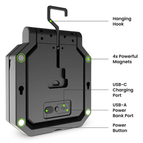 Back view of Portable LED Work Light With 360 Degree Rotating Head And Three Brightness Levels 2000 Lumens 1000 Lumens And 500 Lumens Ideal For Workshop Or Garage 25000 Hour Lifetime And Beefy Build showing hooks, magnets, and ports.