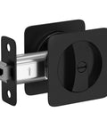 Front view of Black Pocket Door Lock For Sliding Doors With Privacy Latch And Rounded Corner Square Hardware Fits Standard Interior Doors