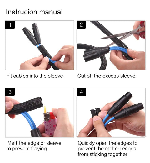 Instruction manual showing how to fit and finish Ten Foot Split Wire Loom Cord Protector Sleeve One Quarter Inch Diameter Black