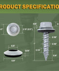 Kiss Those Rust Worries Goodbye Heavy Duty Metal Roofing Screws Number 10 X 1 Inch 300 Pack specifications with dimensions for screw and washer