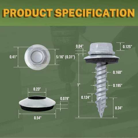 Kiss Those Rust Worries Goodbye Heavy Duty Metal Roofing Screws Number 10 X 1 Inch 300 Pack specifications with dimensions for screw and washer